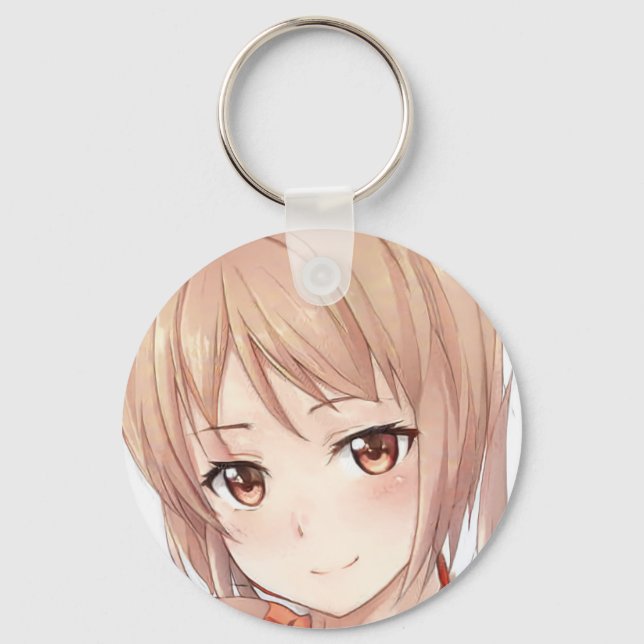 Knowing smile brown hair eyes anime girl manga key ring (Front)