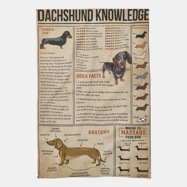 Knowledge Dachshund Wiener Dog Tea Towel (Vertical)