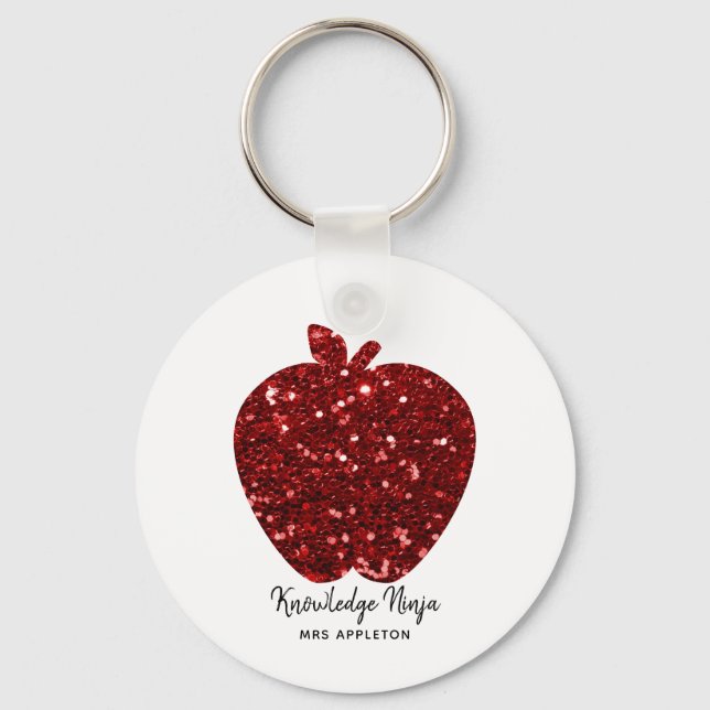 Knowledge Ninja Faux Glitter Red Apple Teacher Key Ring (Front)