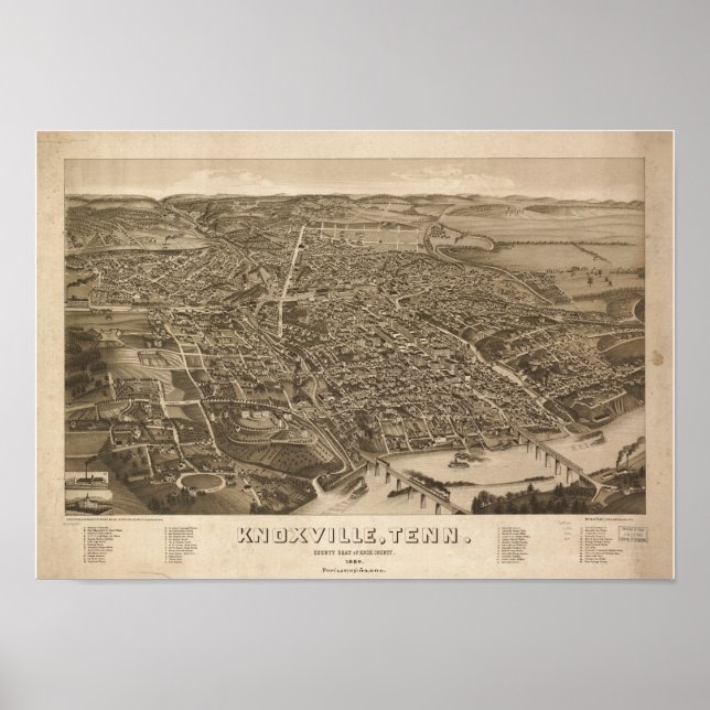 Knoxville Tennessee 1886 Antique Panoramic Map Poster (Front)