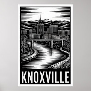 Knoxville Tennessee Skyline Black White Woodcut Poster