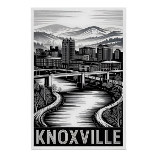 Knoxville Tennessee Skyline Black White Woodcut Poster