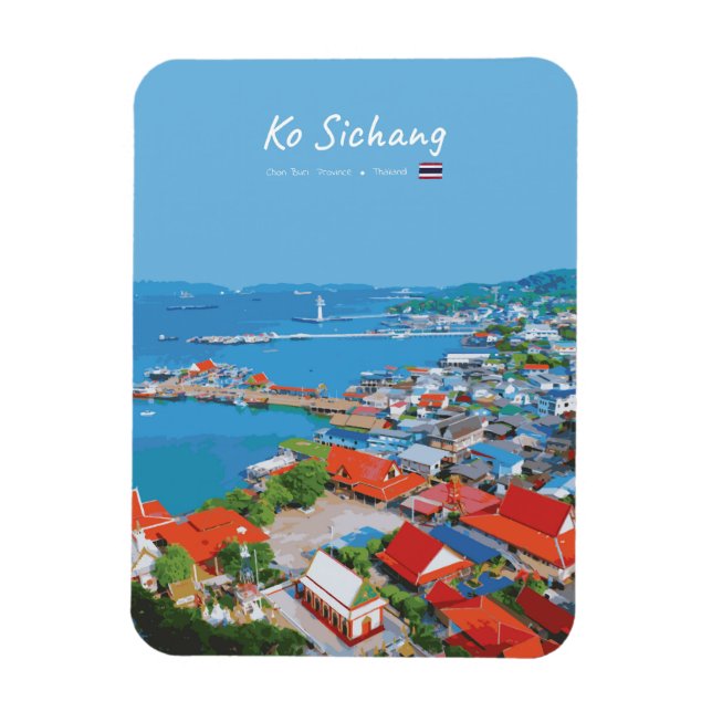 Ko Sichang, Thailand - Vibrant Harbour View Rounde Magnet (Vertical)