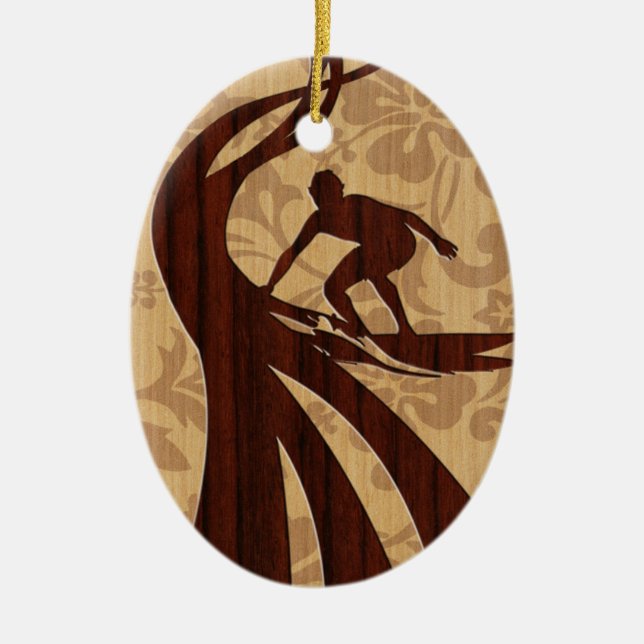 Koa Wood Surfer Surfboard Ceramic Tree Decoration (Front)
