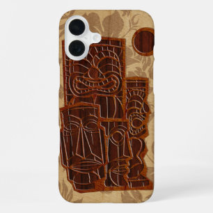 Koa Wood Tiki Sun Faux Wood Surfboard iPhone 16 Plus Case