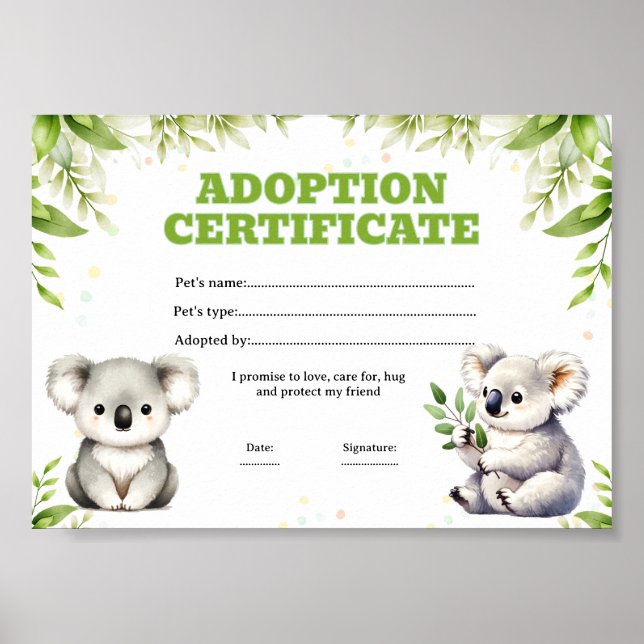 Koala adopt a pet colouring certificate poster (Front)