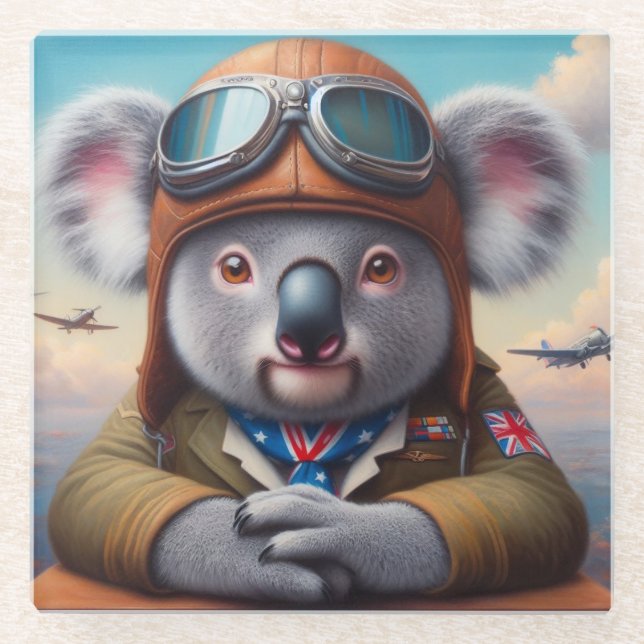 Koala Aeroplane Pilot Glass Coaster (Front)