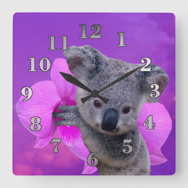 Koala and Orchid Square Wall Clock (Front)