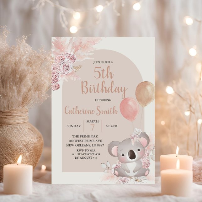 Koala and Pampas Grass Boho kid's Birthday Theme Invitation (Creator Uploaded)