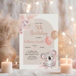 Koala and Pampas Grass Boho kid's Birthday Theme Invitation