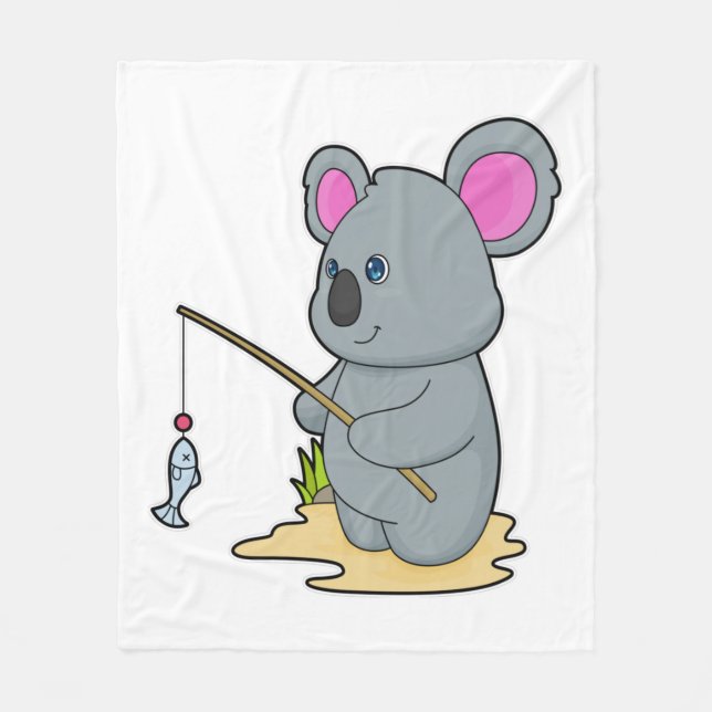 Koala as Fisher with Fishing rod & Fish Fleece Blanket (Front)