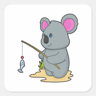 Koala as Fisher with Fishing rod & Fish Square Sticker