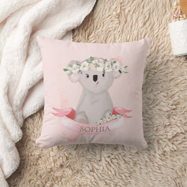 Koala Baby Animal Cute Pink Floral Nursery Cushion (Blanket)