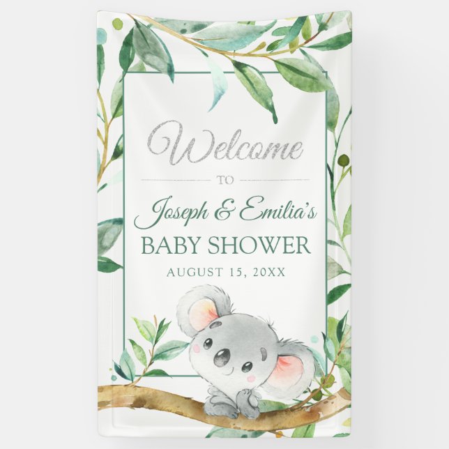 Koala Bear and Eucalyptus Leaf Baby Shower Banner (Vertical)
