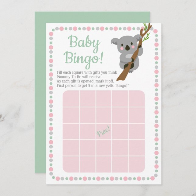 Koala Bear Baby Shower Bingo Game Pink Girl Invitation (Front/Back)