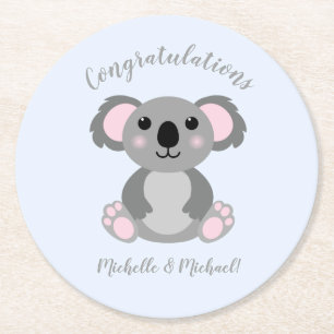 Koala Bear Baby Shower Blue Round Paper Coaster