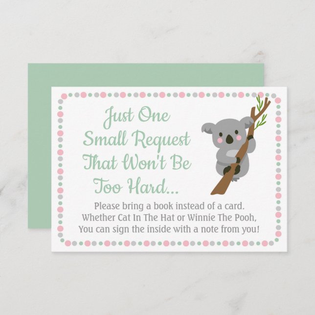 Koala Bear Baby Shower Bring A Book Card Pink Girl (Front/Back)