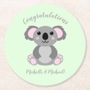Koala Bear Baby Shower Green Gender Neutral Round Paper Coaster