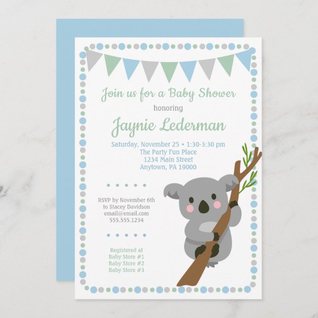 Koala Bear Baby Shower Invitation Blue Mint Boys (Front/Back)