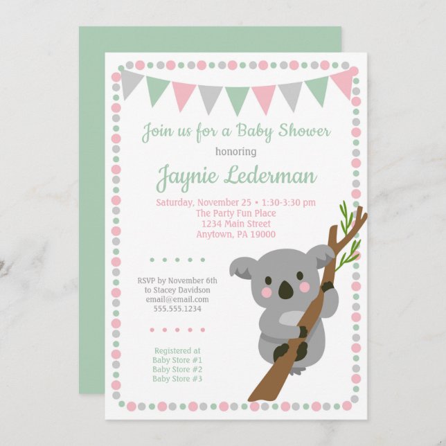 Koala Bear Baby Shower Invitation Pink Mint Girls (Front/Back)