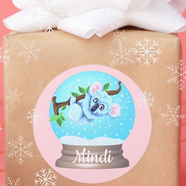 Koala bear cute snow globe pink girly  classic round sticker (Creator Uploaded)