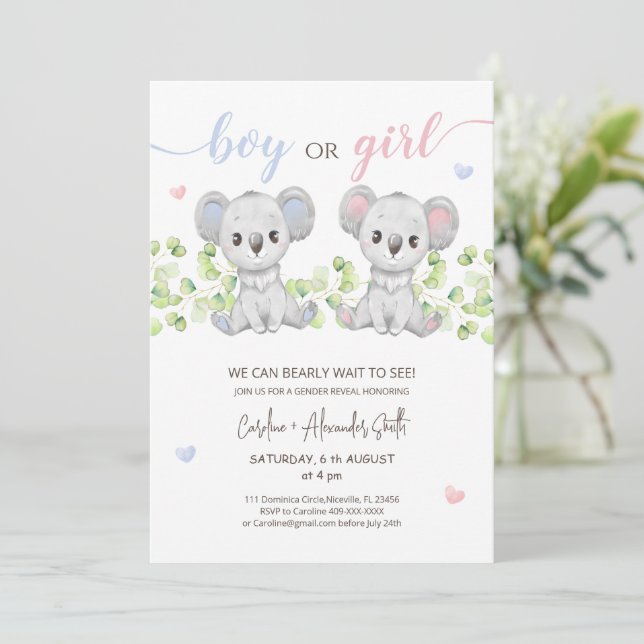 Koala Bear Gender Reveal Party Invitation (Standing Front)