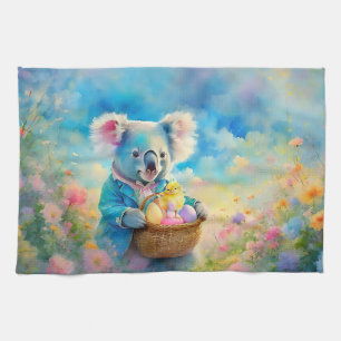 Koala bear holding a basket of Easter eggs Tea Towel