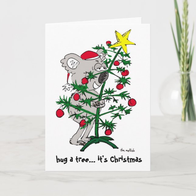 Koala bear hugging a Christmas tree Holiday Card (Front)