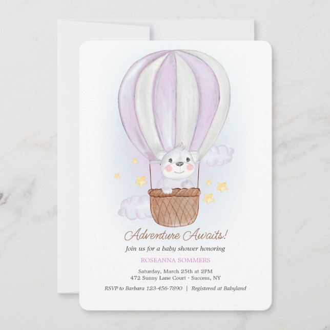 Koala Bear in Pink Air Balloon Invitation (Front)