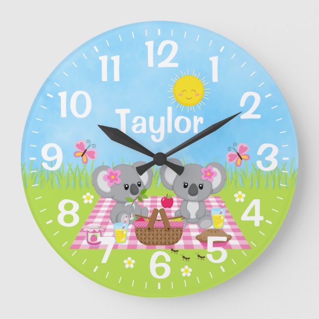 Koala Bear Picnic Pink Large Clock (Front)