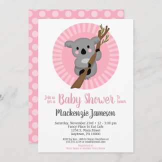 Koala Bear Pink Girls Baby Shower Invitation