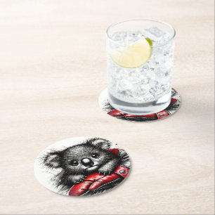 Koala Bear Resting in a Red Boxing Glove Round Paper Coaster