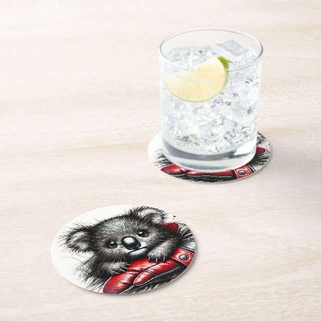 Koala Bear Resting in a Red Boxing Glove Round Paper Coaster (Insitu)
