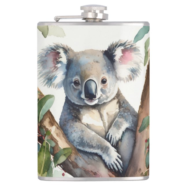 Koala bear sitting in gum tree hip flask (Front)