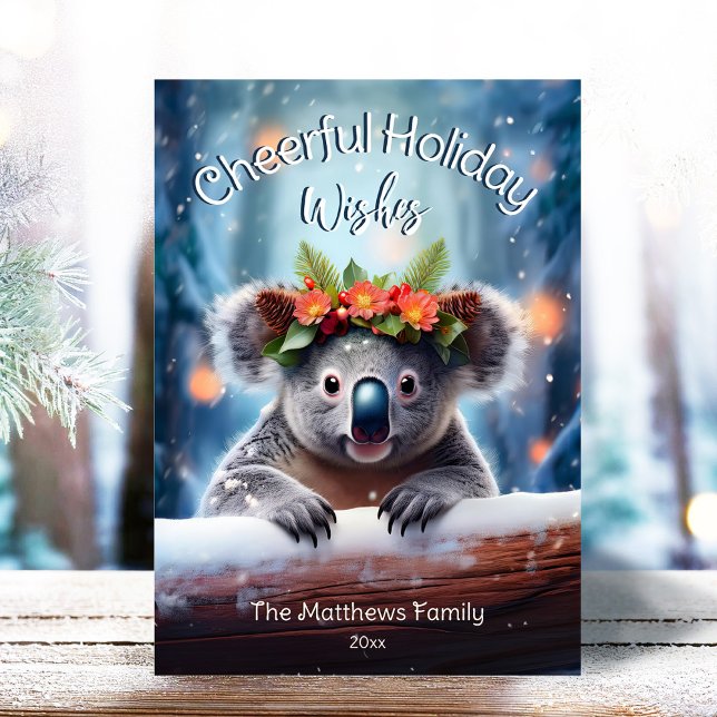 Koala Bear Snowy Winter Forest Cheerful Christmas Holiday Card (Adorable Winter Snowy Scene With Peeking Dogs or Farm/Woodland Animals - Over 50 to Choose From!)