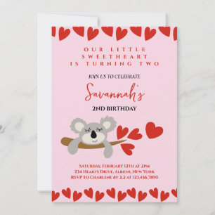 Koala Bear Valentine's Day Birthday Hearts  Invitation