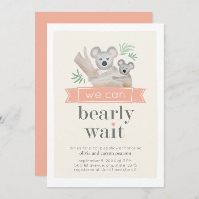 Koala Bear We Can Bearly Wait Couples Baby Shower Invitation (Front/Back)