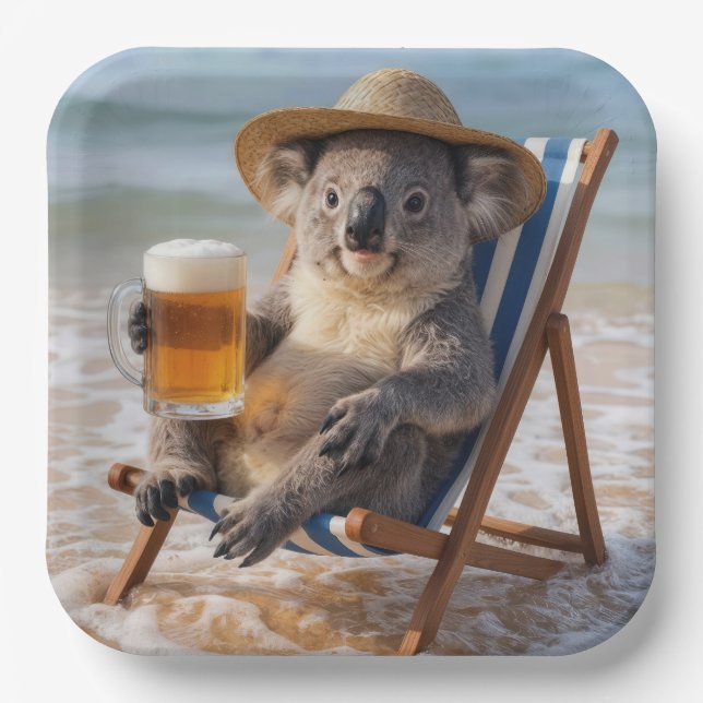 Koala Bear With a Beer on a Beach Paper Plate (Front)