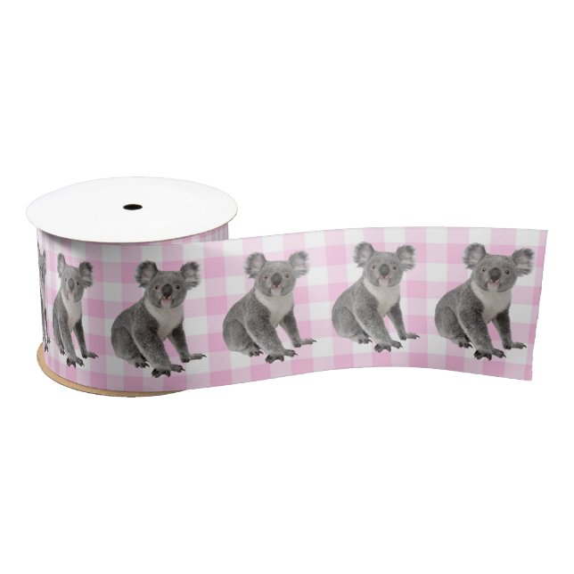 Koala Bears on Pink and White Gingham Satin Ribbon (Spool)