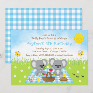 Koala Bear's Picnic Blue Gingham Birthday Invitation