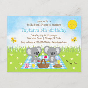 Koala Bear's Picnic Blue Gingham Birthday Postcard
