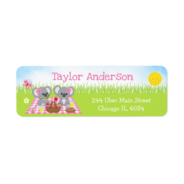 Koala Bears Picnic Girl Pink Gingham Return Address Label (Front)