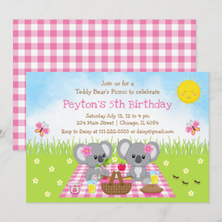 Koala Bear's Picnic Pink Gingham Birthday Invitation
