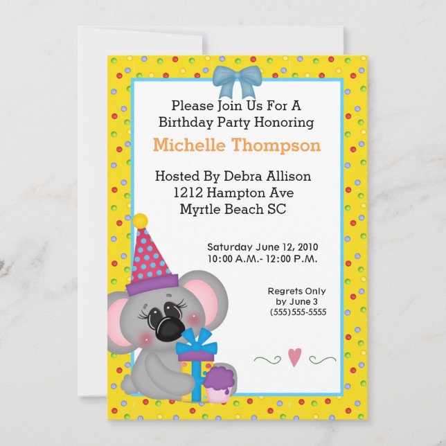 Koala Birthday Party Invitations (Front)