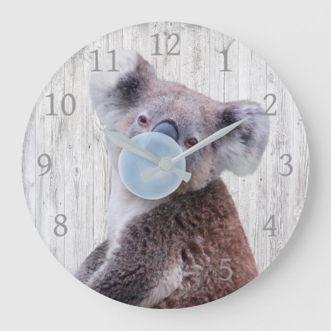 Koala Blowing Blue Bubble gum Wood Texture   Large Clock (Front)