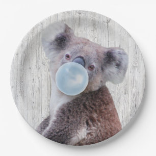 Koala Blowing Blue Bubble gum Wood Texture   Paper Plate