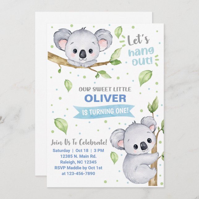 Koala boy birthday invitation, any age. invitation (Front/Back)
