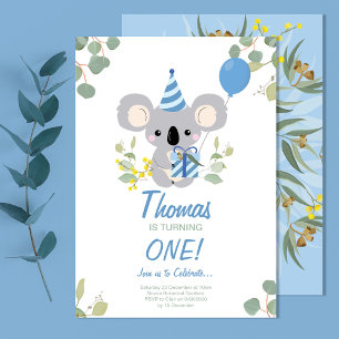 Koala Boy First Birthday Blue Invitation