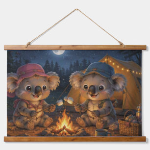 Koala Campfire Camping Under a Full Moon Hanging Tapestry
