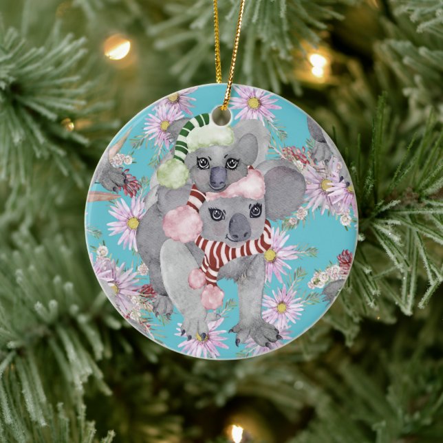 Koala Christmas Botanical Vintage Blue Ceramic Ornament (Tree)